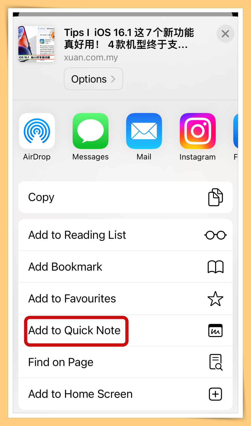 Safari add to quick note